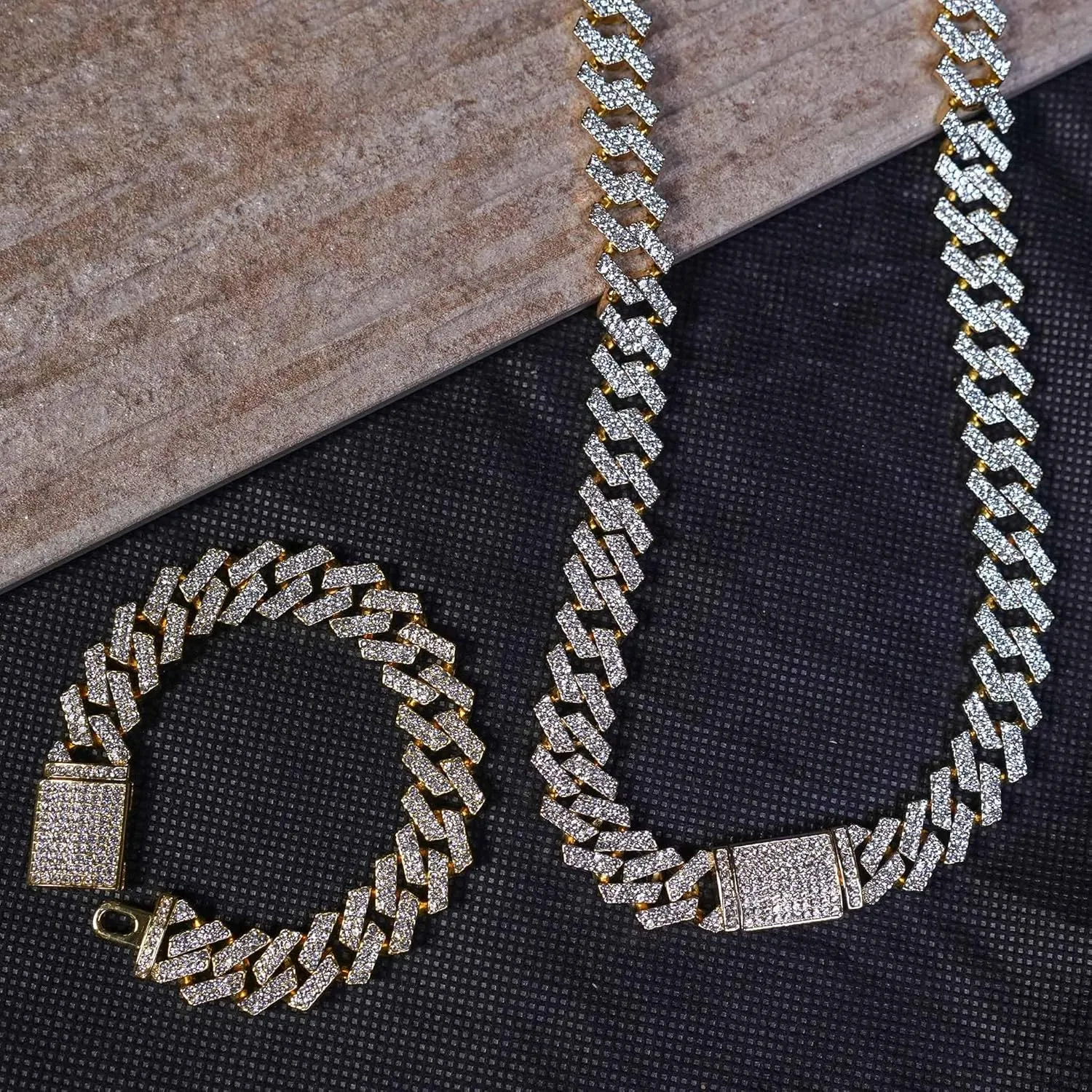 EMESLY Solid Miami Cuban Link Chain Gold/Silver Necklace (16, 18, 20, 22, 24 Inches Length); Hip Hop Bracelet (8" Length) for Men & Women; Perfect Iced Out Bling Jewelry Gift