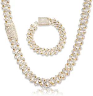 EMESLY Solid Miami Cuban Link Chain Gold/Silver Necklace (16, 18, 20, 22, 24 Inches Length); Hip Hop Bracelet (8" Length) for Men & Women; Perfect Iced Out Bling Jewelry Gift
