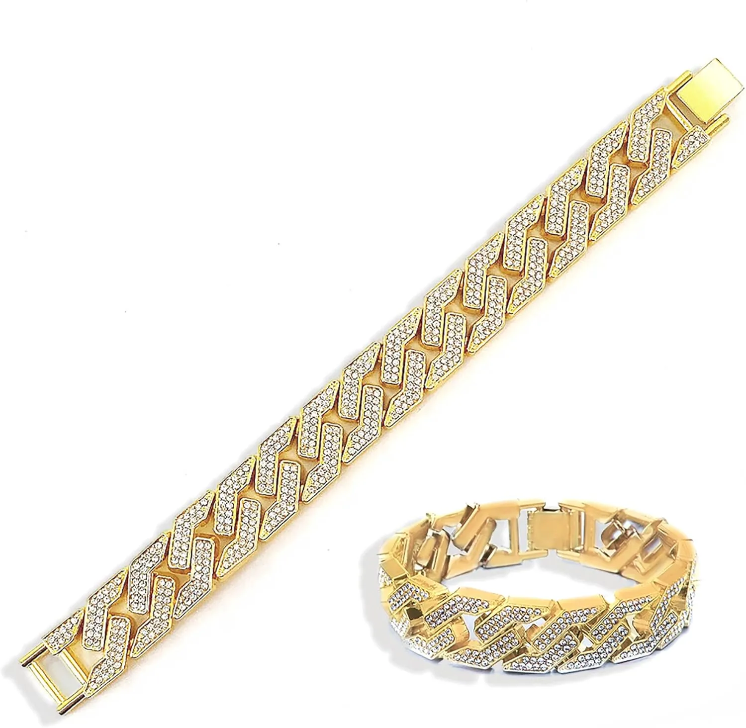 EMESLY Solid Miami Cuban Link Chain Gold/Silver Necklace (16, 18, 20, 22, 24 Inches Length); Hip Hop Bracelet (8" Length) for Men & Women; Perfect Iced Out Bling Jewelry Gift