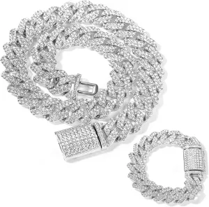 EMESLY Solid Miami Cuban Link Chain Gold/Silver Necklace (16, 18, 20, 22, 24 Inches Length); Hip Hop Bracelet (8" Length) for Men & Women; Perfect Iced Out Bling Jewelry Gift