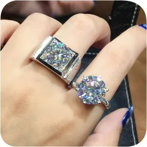 Endless Love Matching Couple Rings for Him and Her Set,925 Silver Cubic Zirconia Round Cut Halo Engagement Wedding Rings Size Adjustable