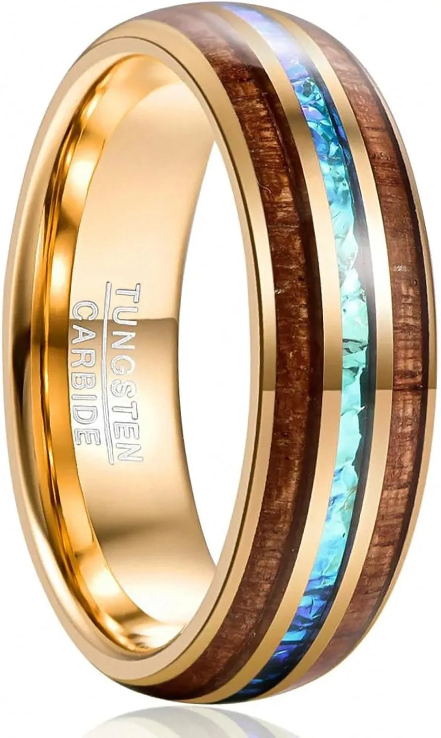 Engagement for Men's Gift 8 mm Wide Electroplated Gold Inlaid Acacia Imitation Opel Dome Tungsten Steel Ring Jewelry