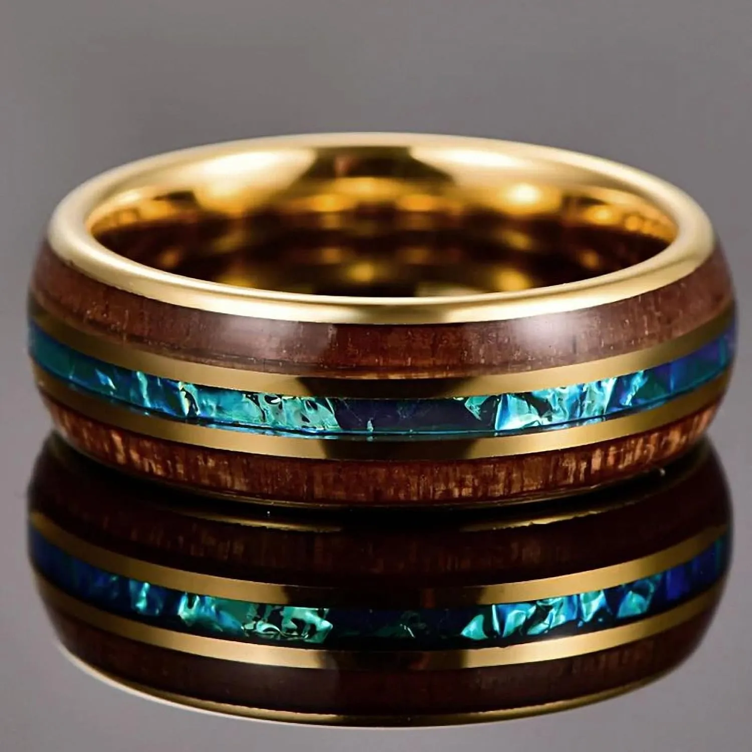 Engagement for Men's Gift 8 mm Wide Electroplated Gold Inlaid Acacia Imitation Opel Dome Tungsten Steel Ring Jewelry