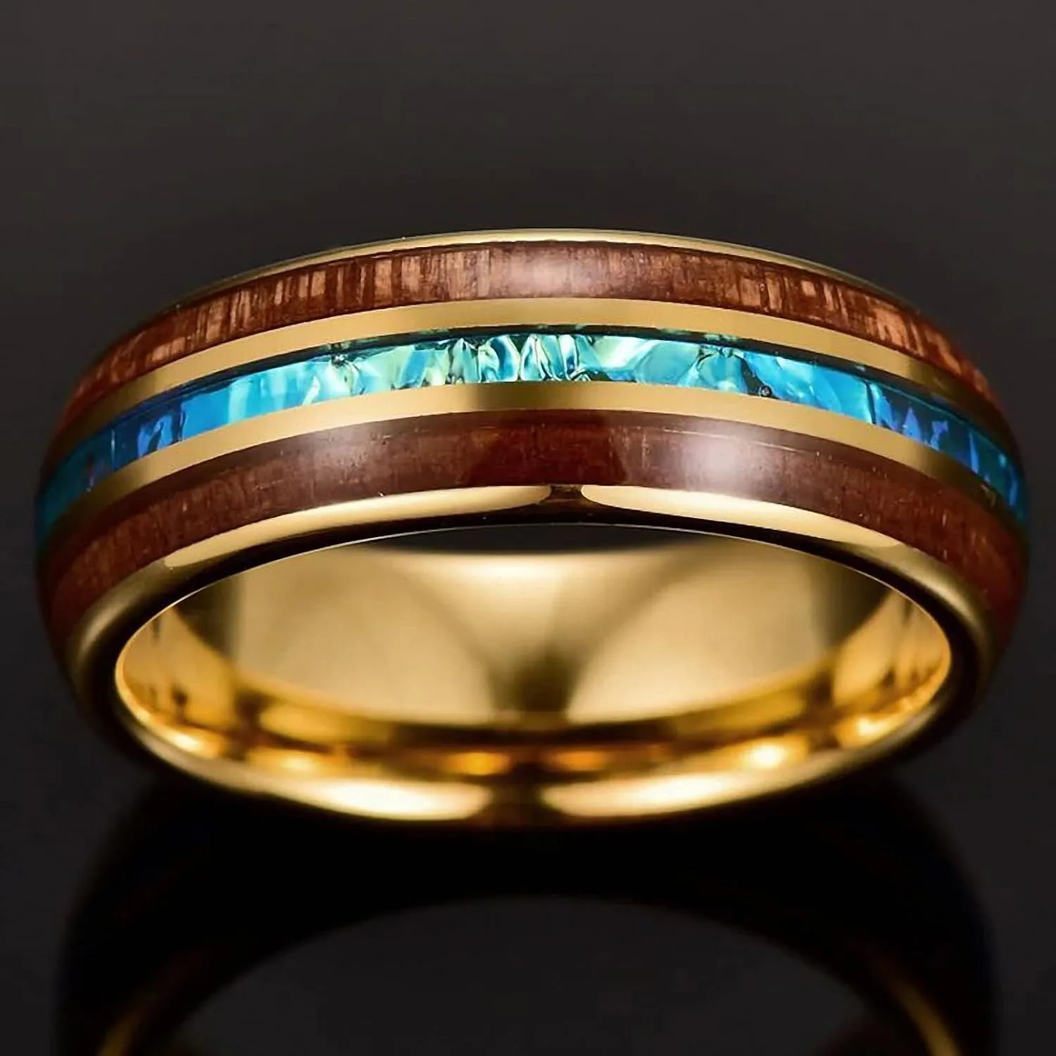 Engagement for Men's Gift 8 mm Wide Electroplated Gold Inlaid Acacia Imitation Opel Dome Tungsten Steel Ring Jewelry