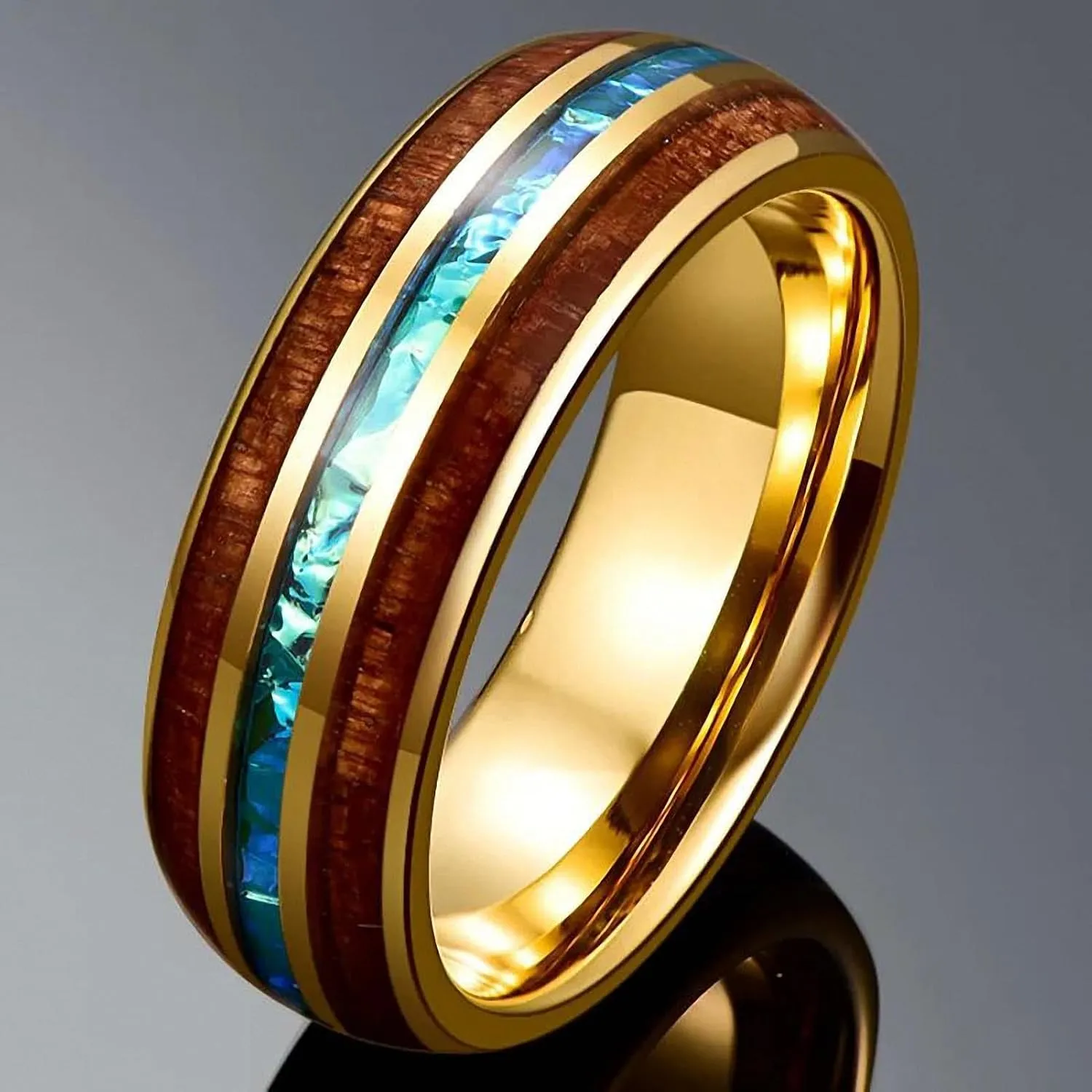 Engagement for Men's Gift 8 mm Wide Electroplated Gold Inlaid Acacia Imitation Opel Dome Tungsten Steel Ring Jewelry