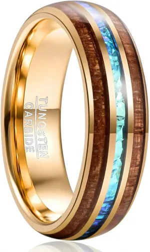 Engagement for Men's Gift 8 mm Wide Electroplated Gold Inlaid Acacia Imitation Opel Dome Tungsten Steel Ring Jewelry