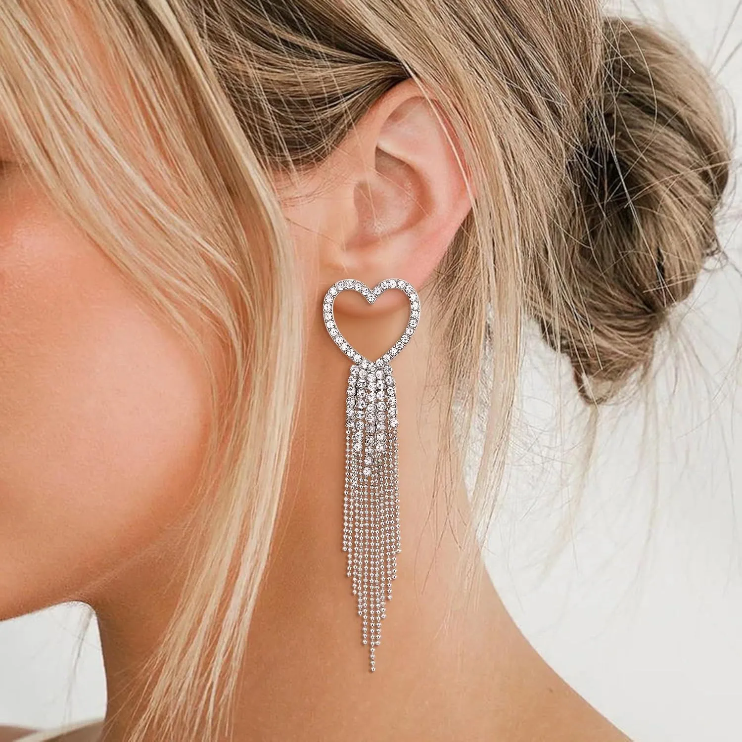 EVER FAITH Heart Tassel Earrings for Women, Rhinestone Crystal Long Waterfall Fringe Chandelier Dangle Drop Statement Earring Wedding Disco Party Jewelry