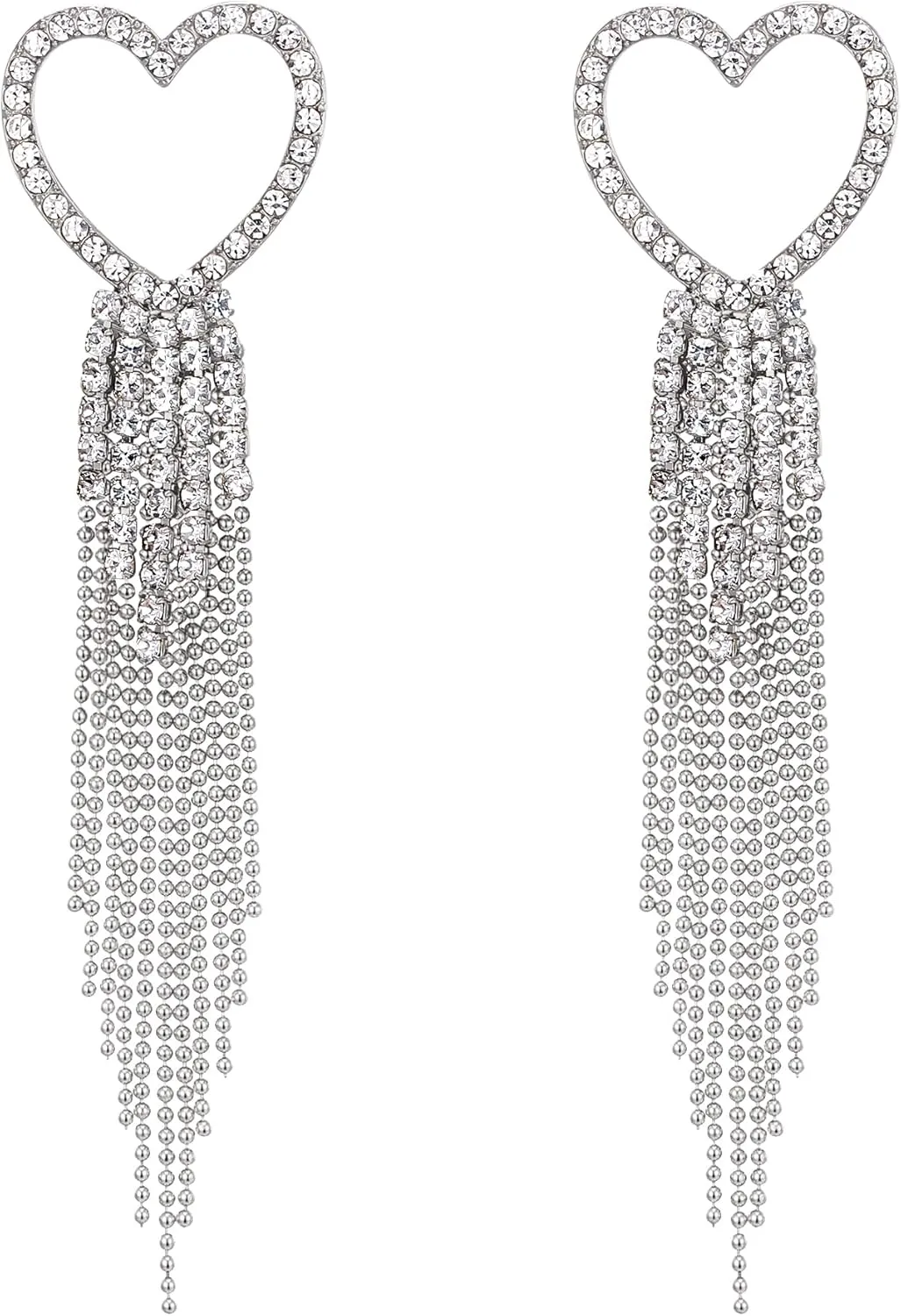 EVER FAITH Heart Tassel Earrings for Women, Rhinestone Crystal Long Waterfall Fringe Chandelier Dangle Drop Statement Earring Wedding Disco Party Jewelry