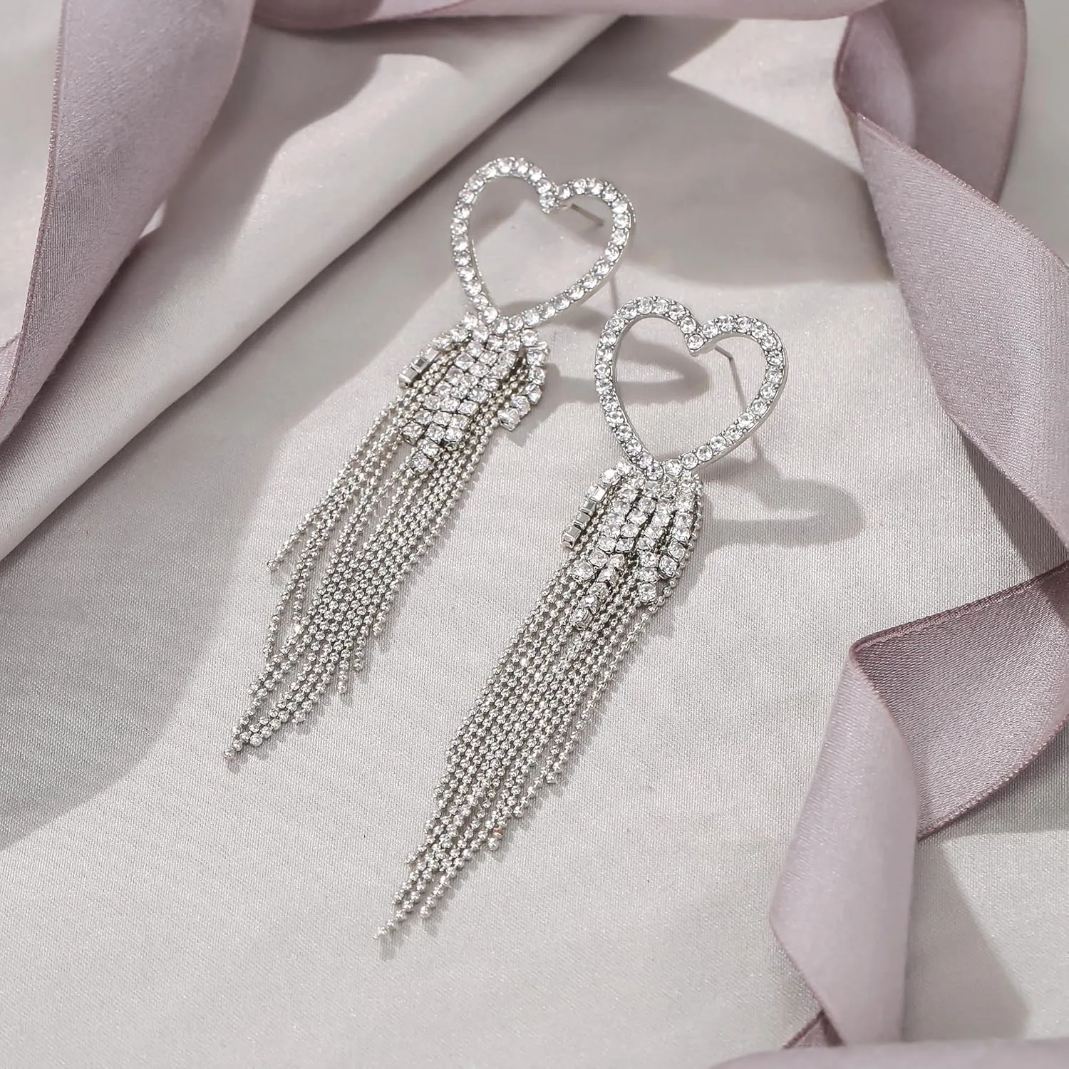 EVER FAITH Heart Tassel Earrings for Women, Rhinestone Crystal Long Waterfall Fringe Chandelier Dangle Drop Statement Earring Wedding Disco Party Jewelry