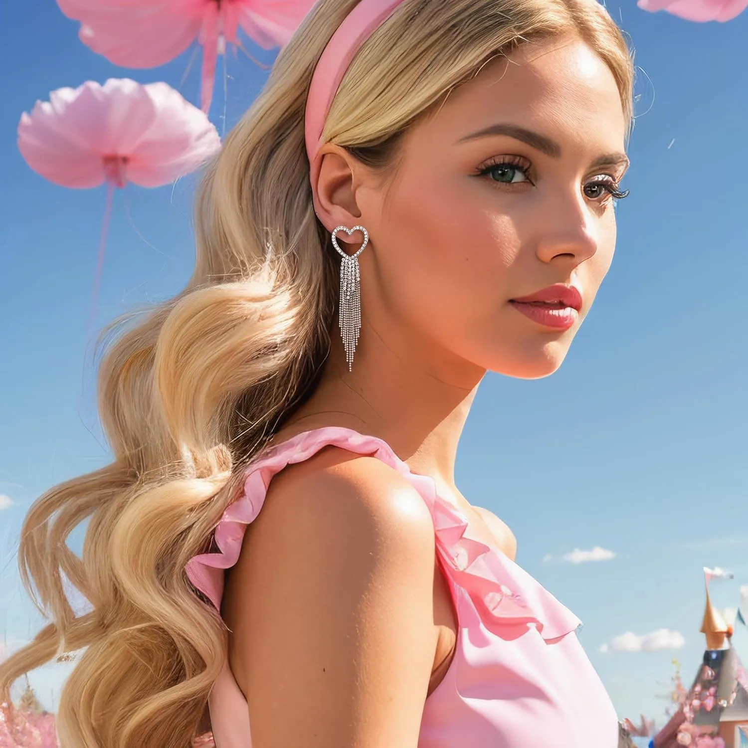 EVER FAITH Heart Tassel Earrings for Women, Rhinestone Crystal Long Waterfall Fringe Chandelier Dangle Drop Statement Earring Wedding Disco Party Jewelry
