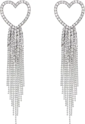 EVER FAITH Heart Tassel Earrings for Women, Rhinestone Crystal Long Waterfall Fringe Chandelier Dangle Drop Statement Earring Wedding Disco Party Jewelry