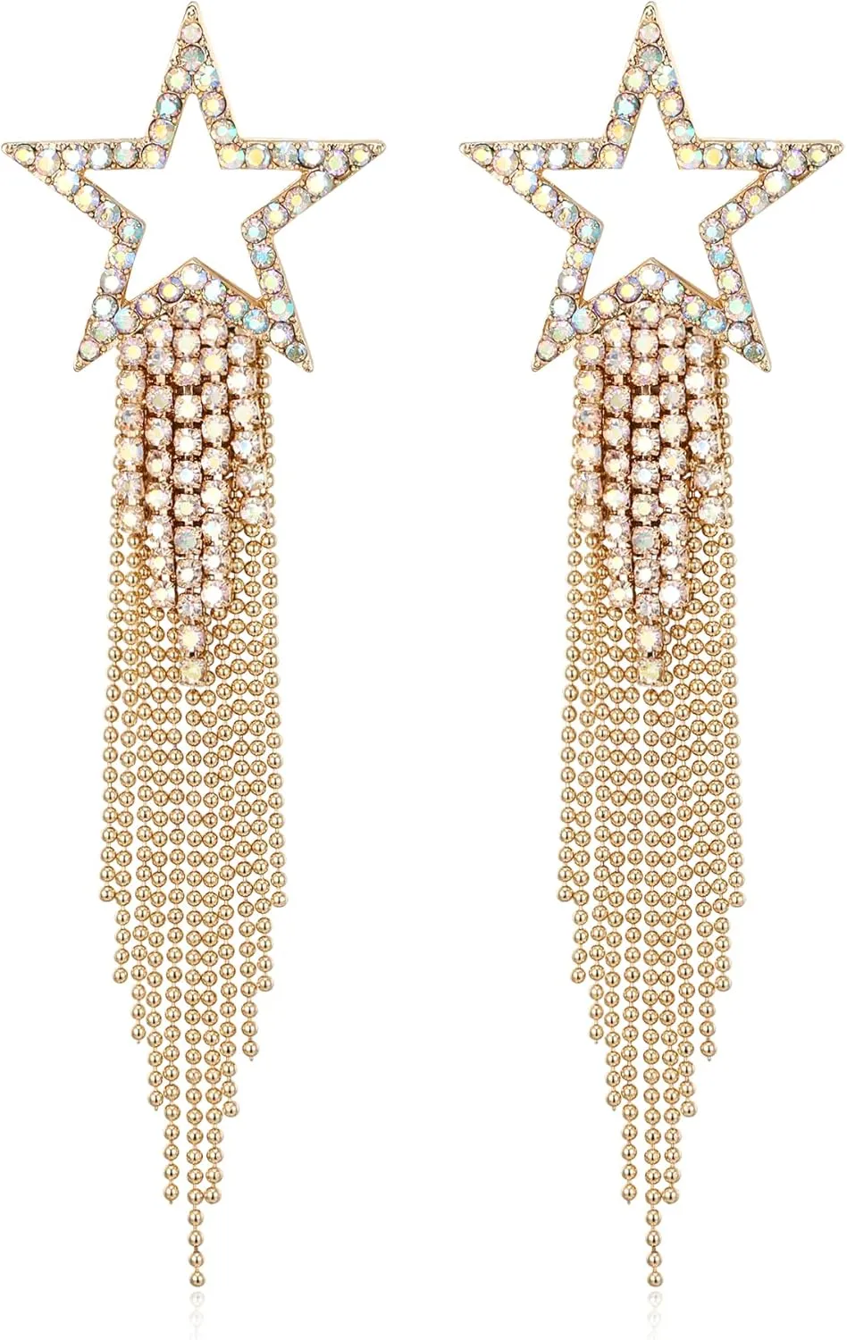EVER FAITH Star Tassel Clip-on Earrings for Women, Rhinestone Crystal Long Waterfall Beaded Fringe Chandelier Dangle Drop Statement Earring Wedding Party Jewelry