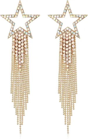 EVER FAITH Star Tassel Clip-on Earrings for Women, Rhinestone Crystal Long Waterfall Beaded Fringe Chandelier Dangle Drop Statement Earring Wedding Party Jewelry