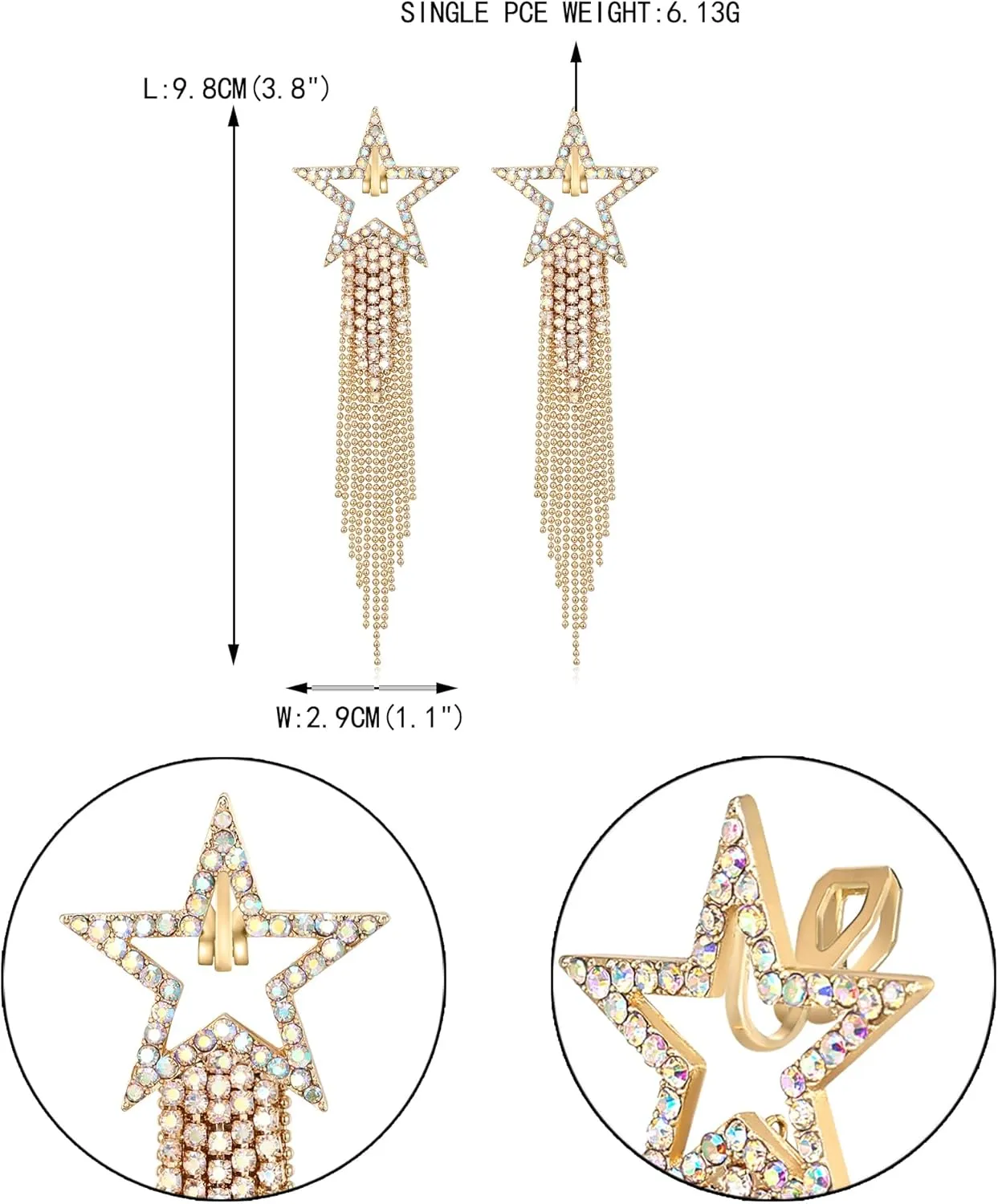 EVER FAITH Star Tassel Clip-on Earrings for Women, Rhinestone Crystal Long Waterfall Beaded Fringe Chandelier Dangle Drop Statement Earring Wedding Party Jewelry