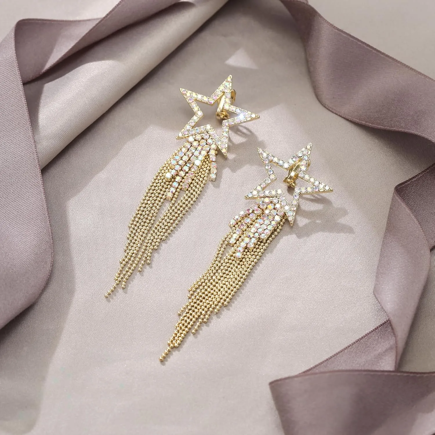 EVER FAITH Star Tassel Clip-on Earrings for Women, Rhinestone Crystal Long Waterfall Beaded Fringe Chandelier Dangle Drop Statement Earring Wedding Party Jewelry