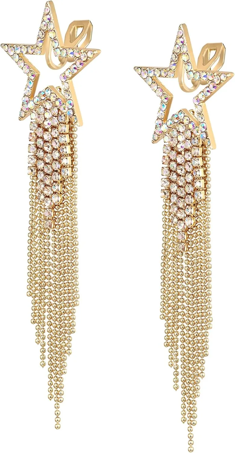 EVER FAITH Star Tassel Clip-on Earrings for Women, Rhinestone Crystal Long Waterfall Beaded Fringe Chandelier Dangle Drop Statement Earring Wedding Party Jewelry