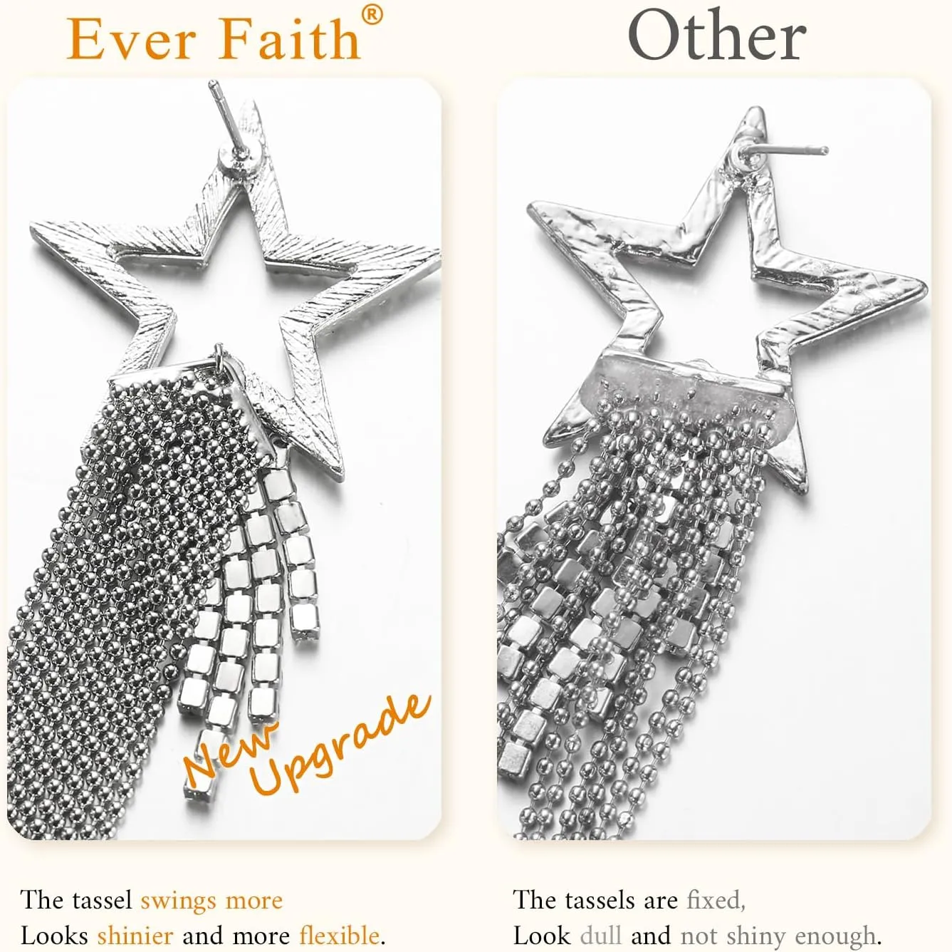 EVER FAITH Star Tassel Earrings for Women, Rhinestone Crystal Long Waterfall Beaded Fringe Chandelier Dangle Drop Statement Earring Wedding Party Jewelry