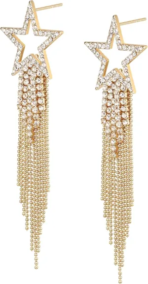 EVER FAITH Star Tassel Earrings for Women, Rhinestone Crystal Long Waterfall Beaded Fringe Chandelier Dangle Drop Statement Earring Wedding Party Jewelry