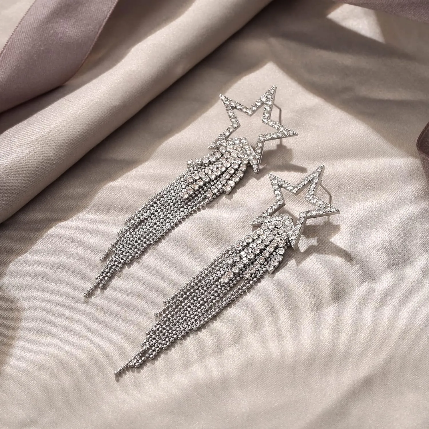 EVER FAITH Star Tassel Earrings for Women, Rhinestone Crystal Long Waterfall Beaded Fringe Chandelier Dangle Drop Statement Earring Wedding Party Jewelry