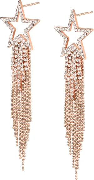 EVER FAITH Star Tassel Earrings for Women, Rhinestone Crystal Long Waterfall Beaded Fringe Chandelier Dangle Drop Statement Earring Wedding Party Jewelry