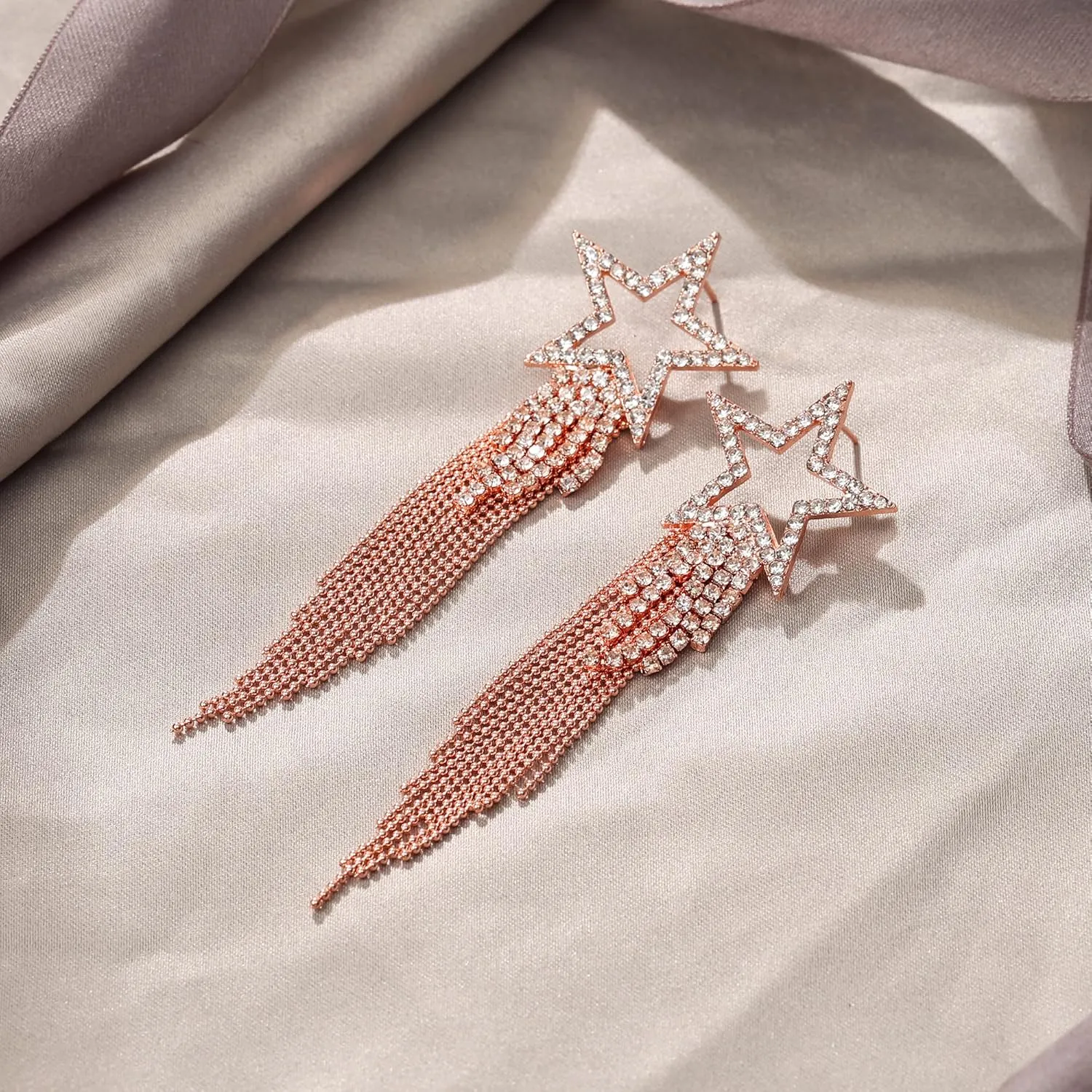 EVER FAITH Star Tassel Earrings for Women, Rhinestone Crystal Long Waterfall Beaded Fringe Chandelier Dangle Drop Statement Earring Wedding Party Jewelry
