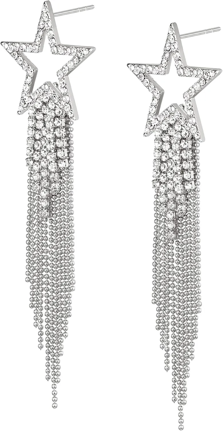 EVER FAITH Star Tassel Earrings for Women, Rhinestone Crystal Long Waterfall Beaded Fringe Chandelier Dangle Drop Statement Earring Wedding Party Jewelry
