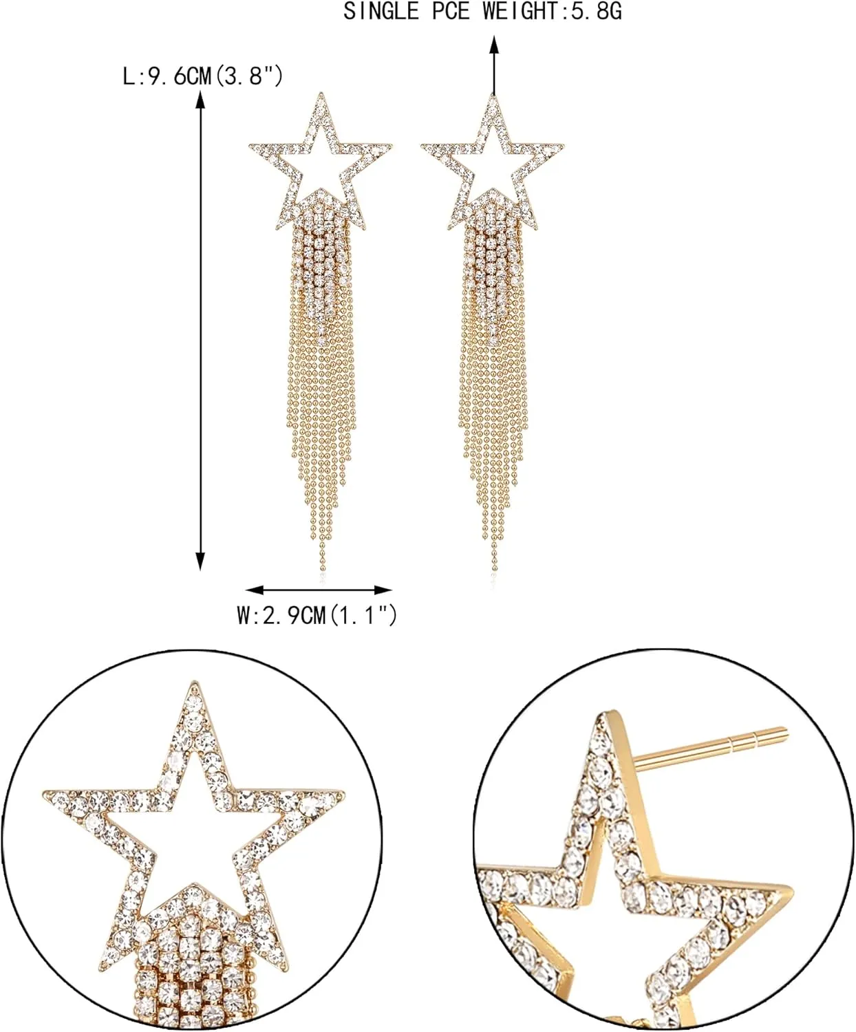 EVER FAITH Star Tassel Earrings for Women, Rhinestone Crystal Long Waterfall Beaded Fringe Chandelier Dangle Drop Statement Earring Wedding Party Jewelry
