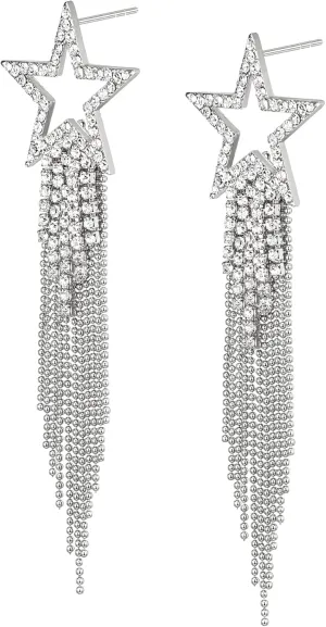 EVER FAITH Star Tassel Earrings for Women, Rhinestone Crystal Long Waterfall Beaded Fringe Chandelier Dangle Drop Statement Earring Wedding Party Jewelry