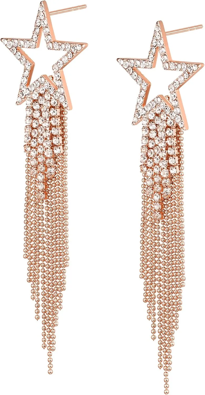 EVER FAITH Star Tassel Earrings for Women, Rhinestone Crystal Long Waterfall Beaded Fringe Chandelier Dangle Drop Statement Earring Wedding Party Jewelry