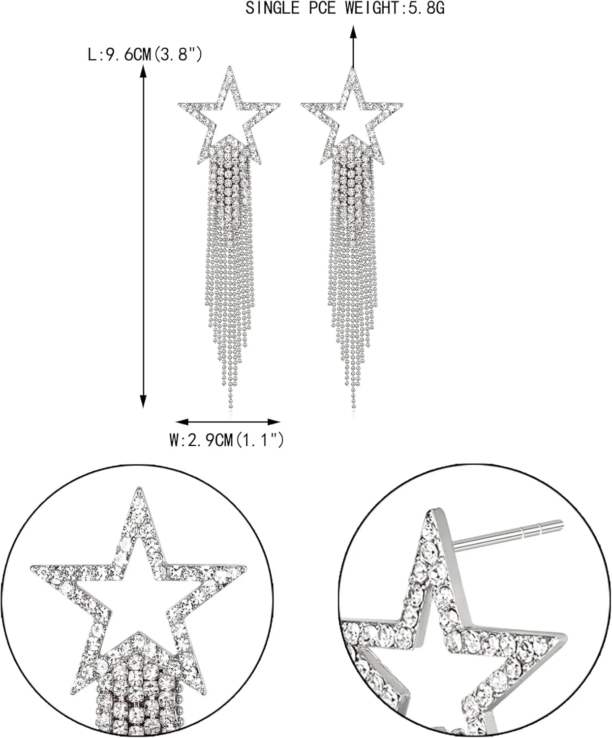 EVER FAITH Star Tassel Earrings for Women, Rhinestone Crystal Long Waterfall Beaded Fringe Chandelier Dangle Drop Statement Earring Wedding Party Jewelry