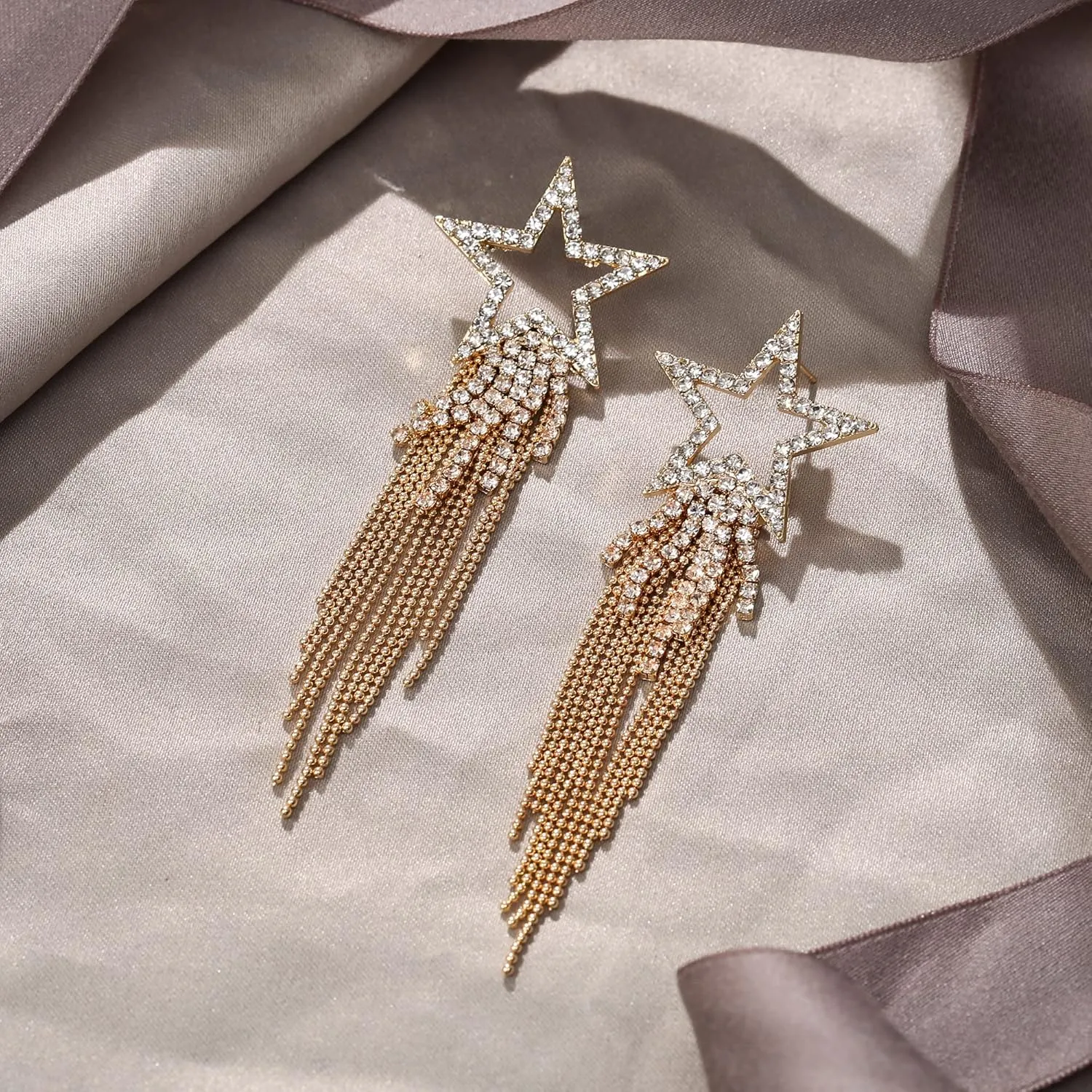 EVER FAITH Star Tassel Earrings for Women, Rhinestone Crystal Long Waterfall Beaded Fringe Chandelier Dangle Drop Statement Earring Wedding Party Jewelry