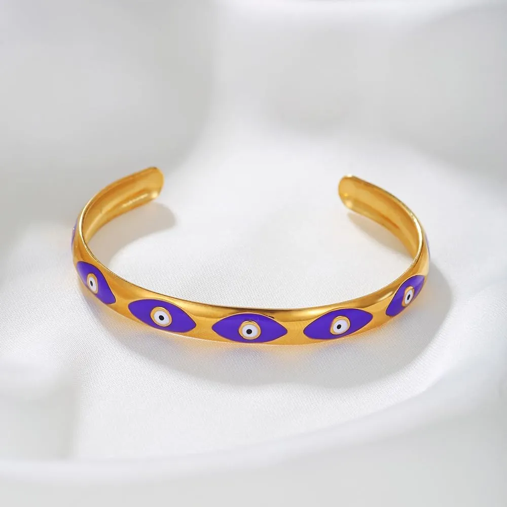 Evil Eye Bracelet for Women -18K Gold Plated Women's Stainless Steel Cuff Bracelets Evil Eye Drop Oil Blue Eyes Protection Bracelet