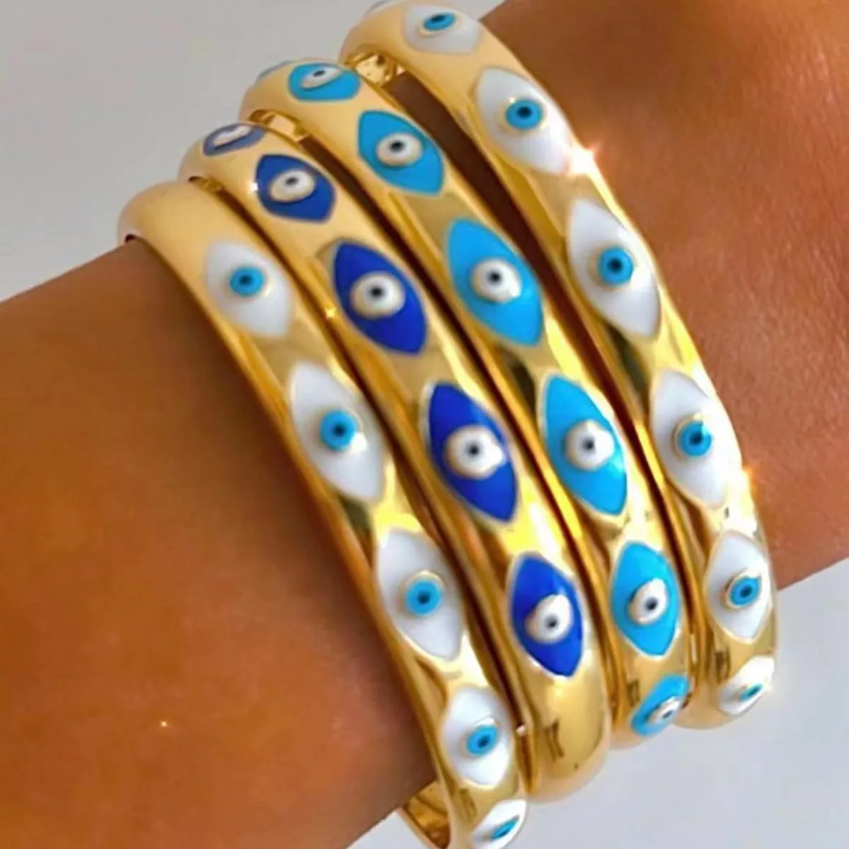 Evil Eye Bracelet for Women -18K Gold Plated Women's Stainless Steel Cuff Bracelets Evil Eye Drop Oil Blue Eyes Protection Bracelet