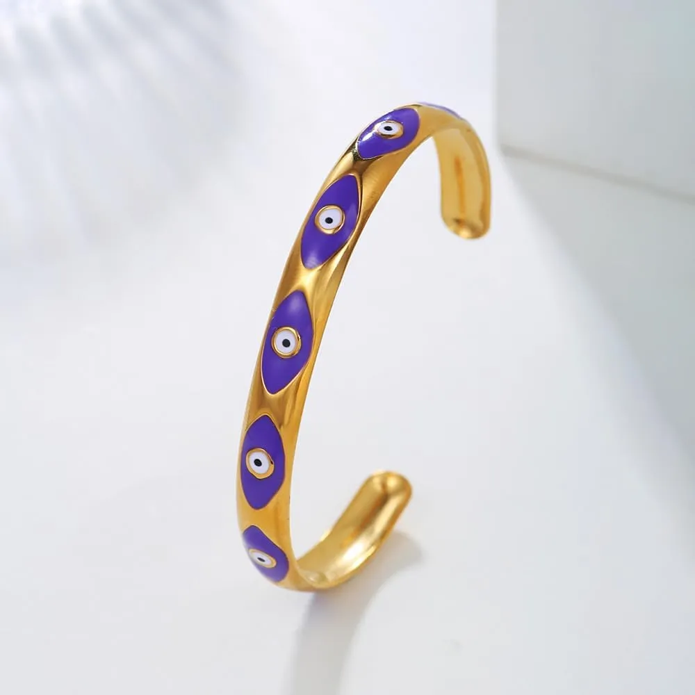 Evil Eye Bracelet for Women -18K Gold Plated Women's Stainless Steel Cuff Bracelets Evil Eye Drop Oil Blue Eyes Protection Bracelet