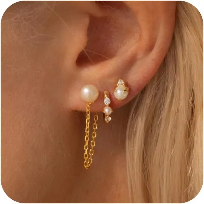 Ewrkbr Gold Earrings for Women Trendy,14k Gold Plated Pearl Dangle Earrings Dainty Cute Pearl Chain Earring Set Fashion Pearls Jewelry for Women