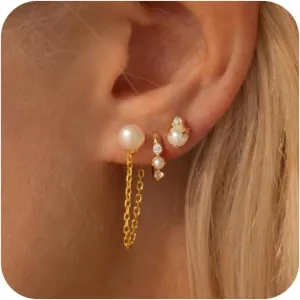 Ewrkbr Gold Earrings for Women Trendy,14k Gold Plated Pearl Dangle Earrings Dainty Cute Pearl Chain Earring Set Fashion Pearls Jewelry for Women