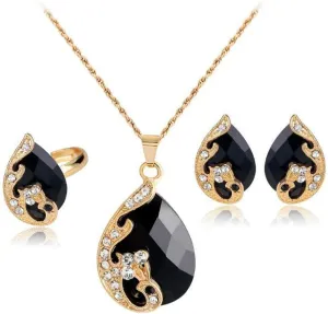 Ezing Women's Gold Plated Teardrop Crystal Necklace, Rings and Earrings Jewelry Set