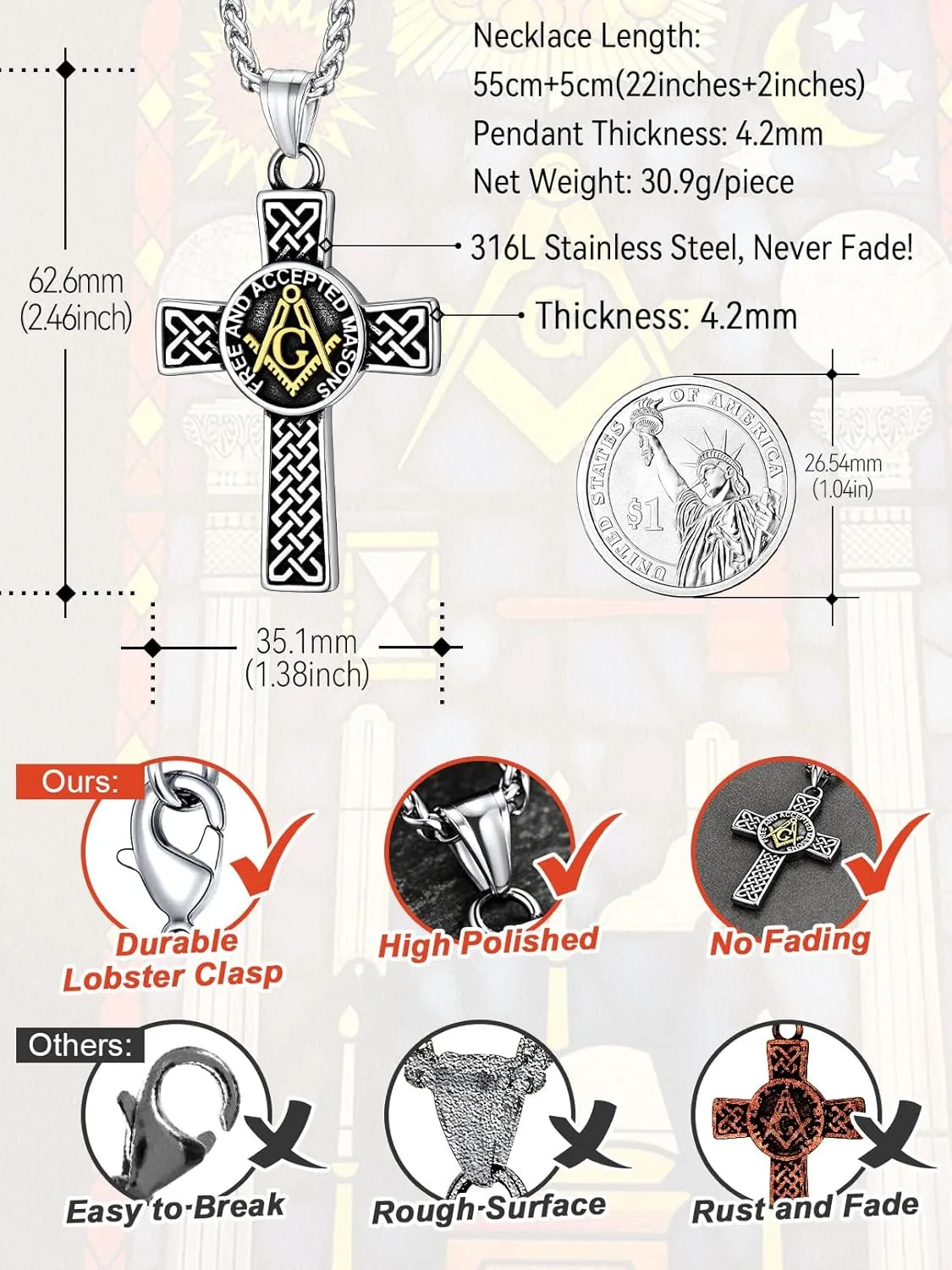 FaithHeart Masonic Necklace for Men, Freemason Compass Symbol 18K Gold Plated/Stainless Steel Free and Accepted Masons Pendant Jewelry with Gift Box