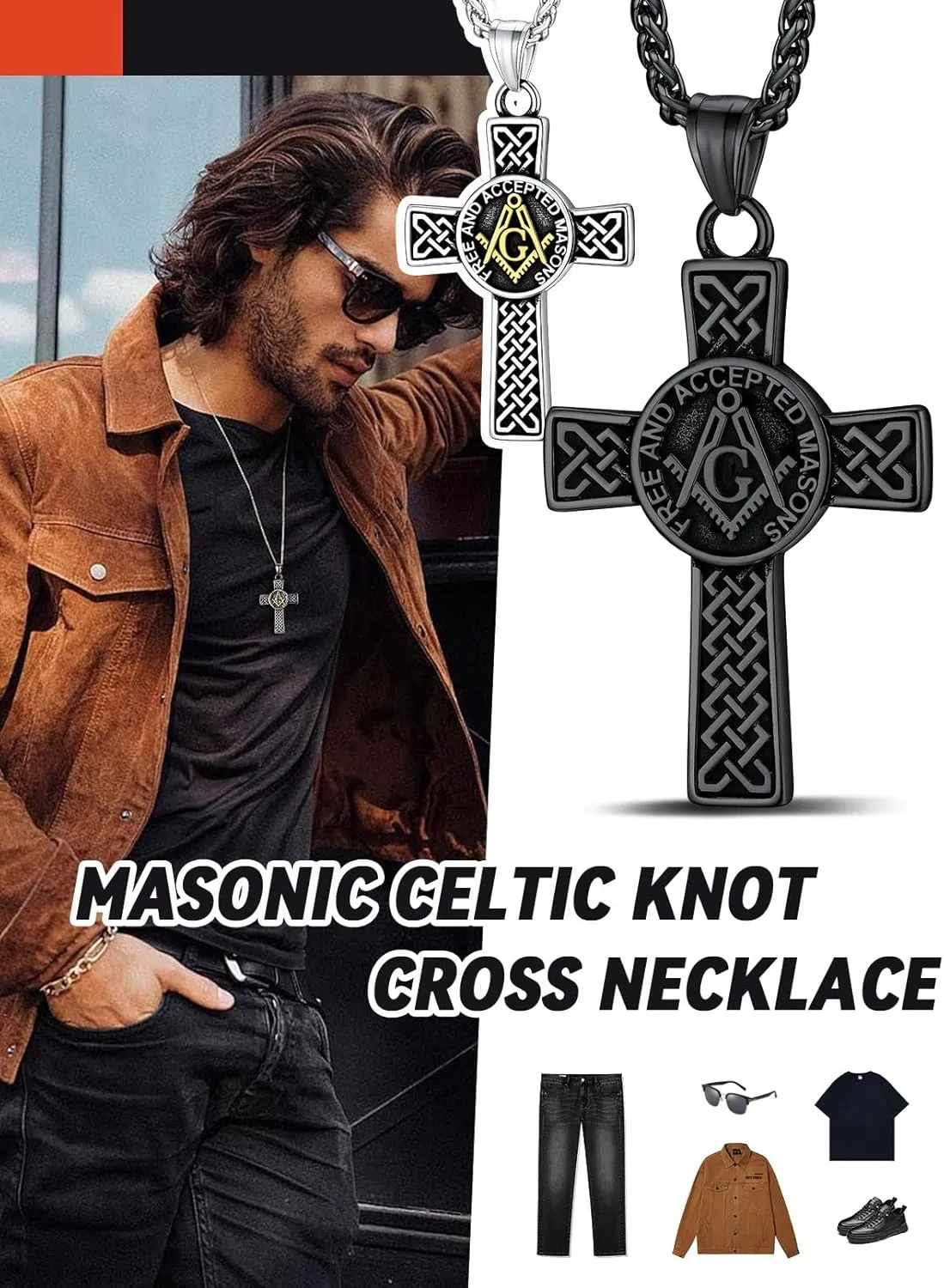 FaithHeart Masonic Necklace for Men, Freemason Compass Symbol 18K Gold Plated/Stainless Steel Free and Accepted Masons Pendant Jewelry with Gift Box