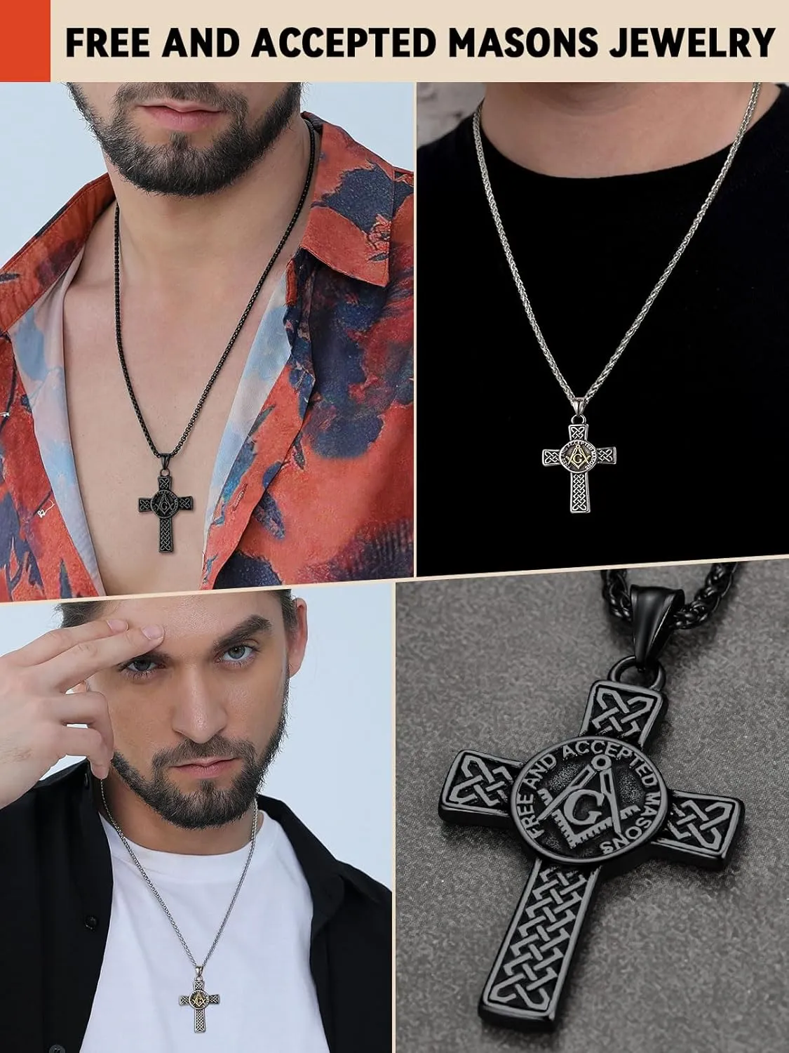 FaithHeart Masonic Necklace for Men, Freemason Compass Symbol 18K Gold Plated/Stainless Steel Free and Accepted Masons Pendant Jewelry with Gift Box