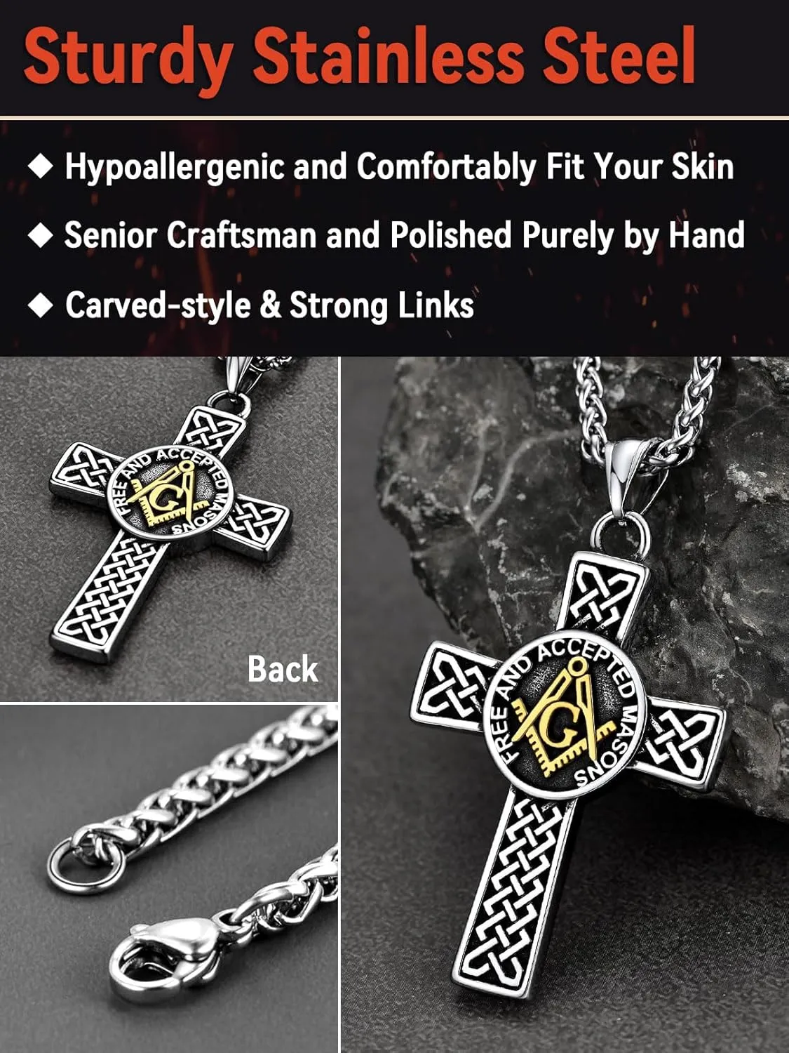 FaithHeart Masonic Necklace for Men, Freemason Compass Symbol 18K Gold Plated/Stainless Steel Free and Accepted Masons Pendant Jewelry with Gift Box