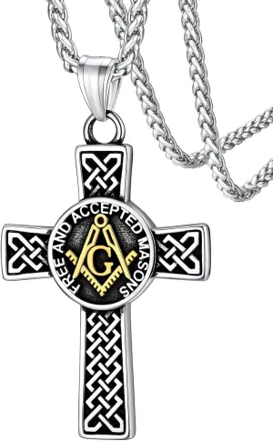 FaithHeart Masonic Necklace for Men, Freemason Compass Symbol 18K Gold Plated/Stainless Steel Free and Accepted Masons Pendant Jewelry with Gift Box