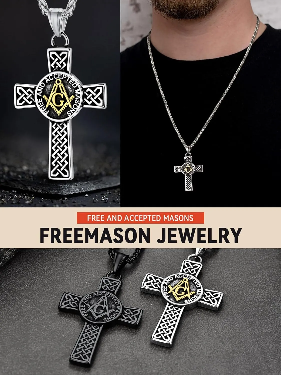 FaithHeart Masonic Necklace for Men, Freemason Compass Symbol 18K Gold Plated/Stainless Steel Free and Accepted Masons Pendant Jewelry with Gift Box