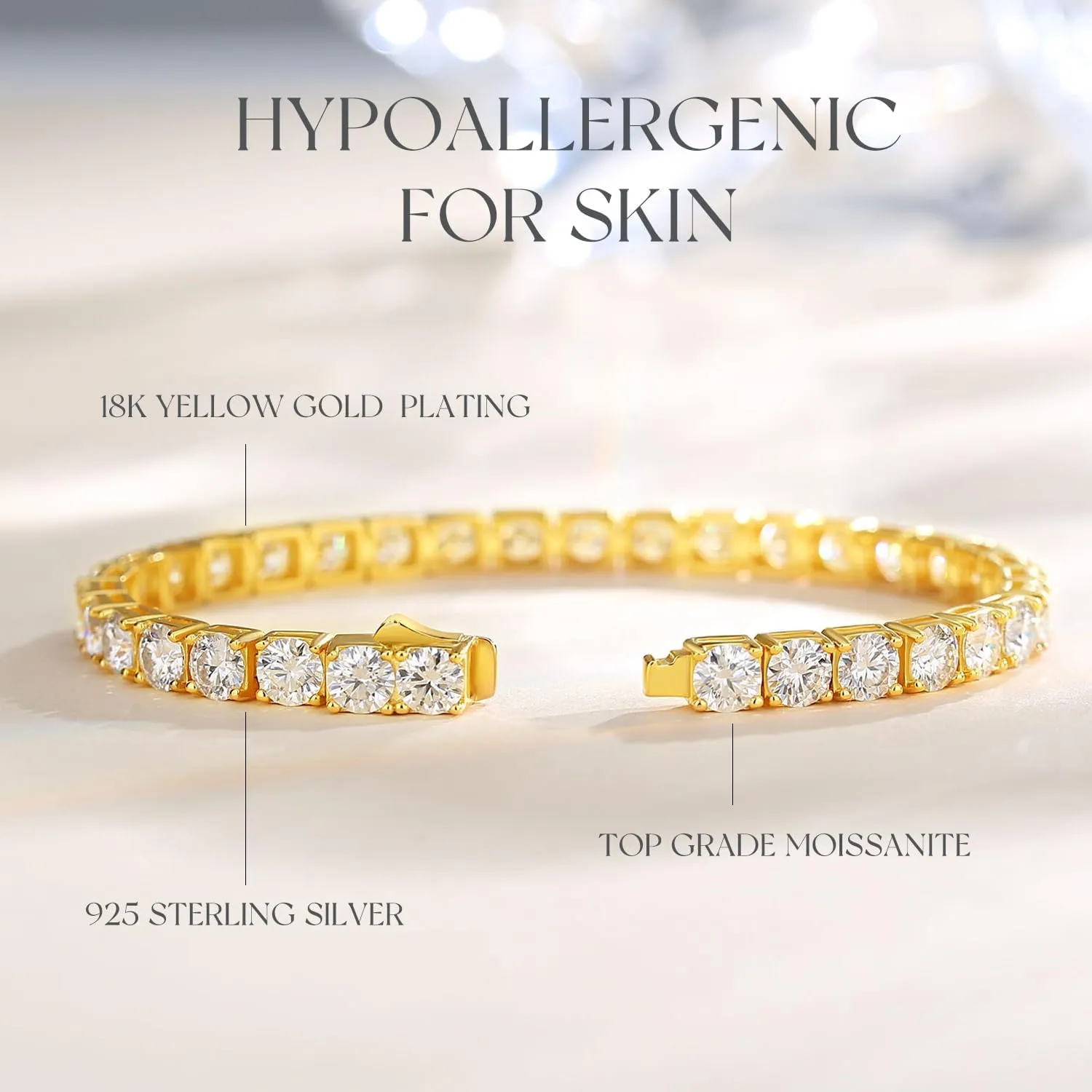 FANCIME Moissanite Tennis Bracelet 4.7-19 Carats 18K Gold Plated 925 Sterling Silver Tennis Bracelet 3mm/4mm/5mm D Color VVS1 Round Cut Moissanite Bracelet for Women Men