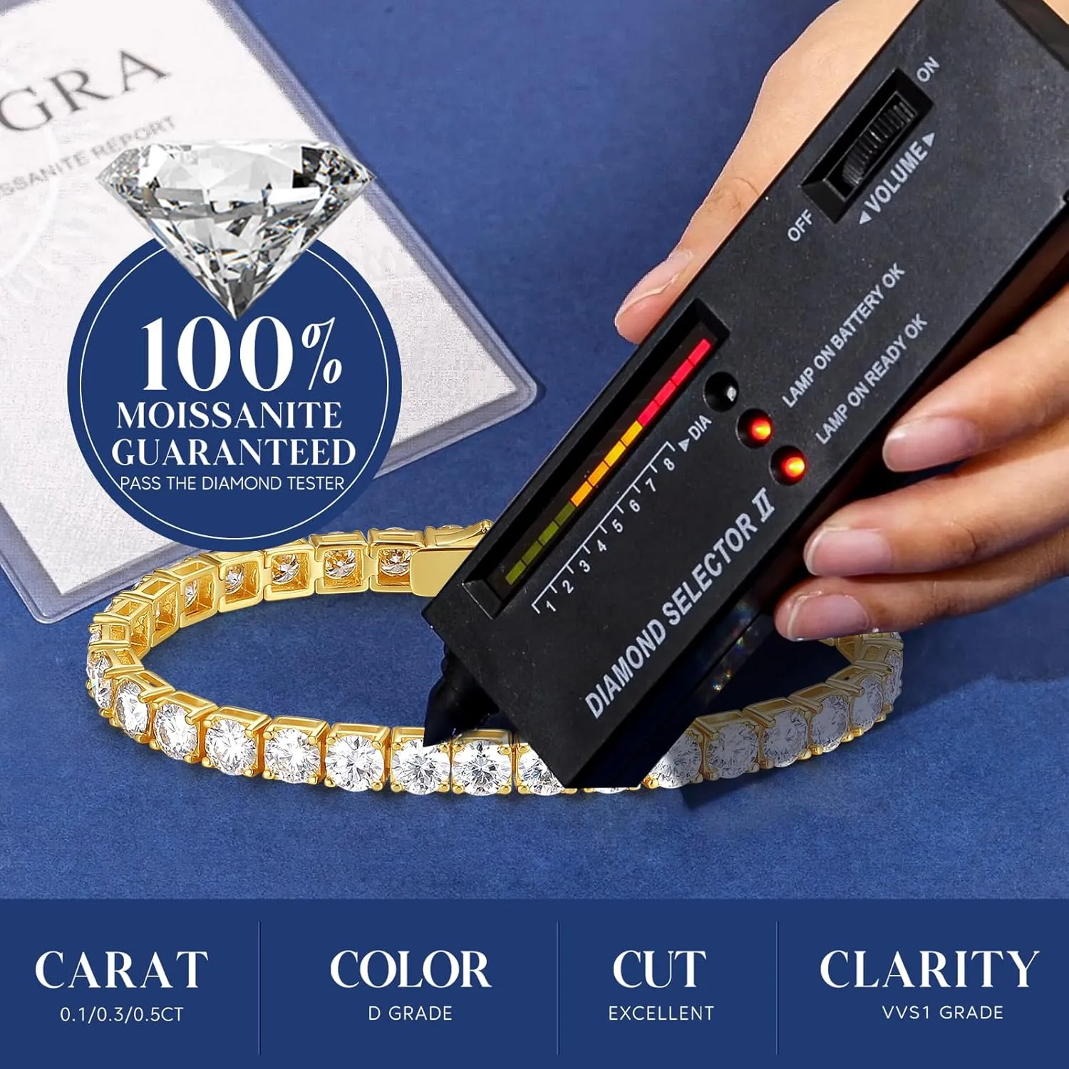 FANCIME Moissanite Tennis Bracelet 4.7-19 Carats 18K Gold Plated 925 Sterling Silver Tennis Bracelet 3mm/4mm/5mm D Color VVS1 Round Cut Moissanite Bracelet for Women Men