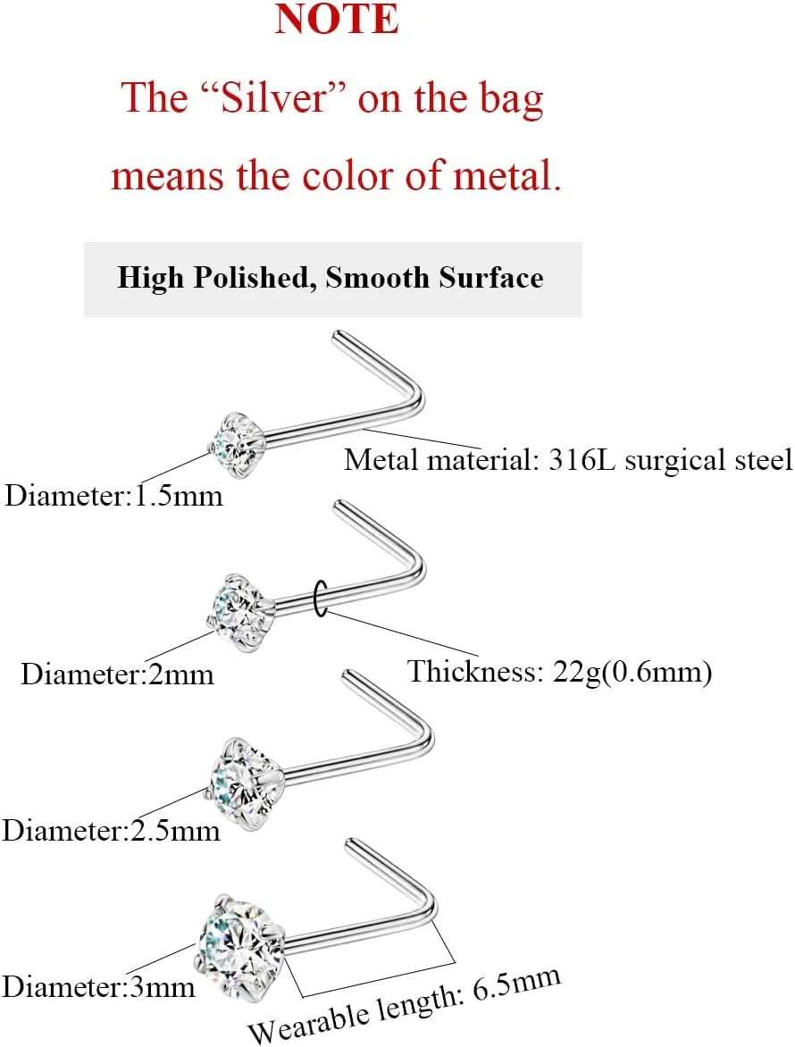 FANSING 4 Pieces Different Sizes 316L Surgical Steel Nose Studs L Shaped