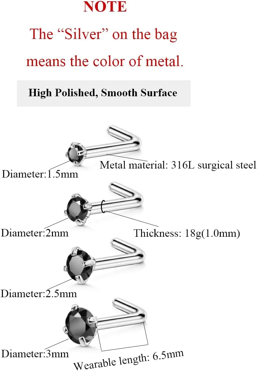 FANSING 4 Pieces Different Sizes 316L Surgical Steel Nose Studs L Shaped
