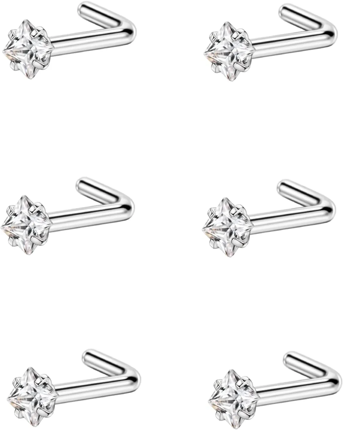 FANSING Nose Rings Studs for Women Men Square CZ Nose Studs L Shaped Nose Ring Surgical Steel Nostril Piercing Jewelry Nose Jewelry L Nose Stud 6 Pieces