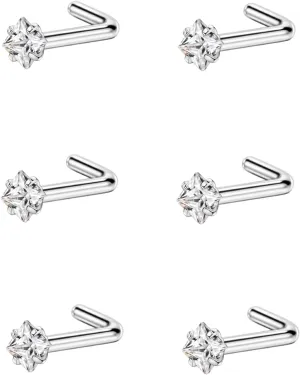 FANSING Nose Rings Studs for Women Men Square CZ Nose Studs L Shaped Nose Ring Surgical Steel Nostril Piercing Jewelry Nose Jewelry L Nose Stud 6 Pieces
