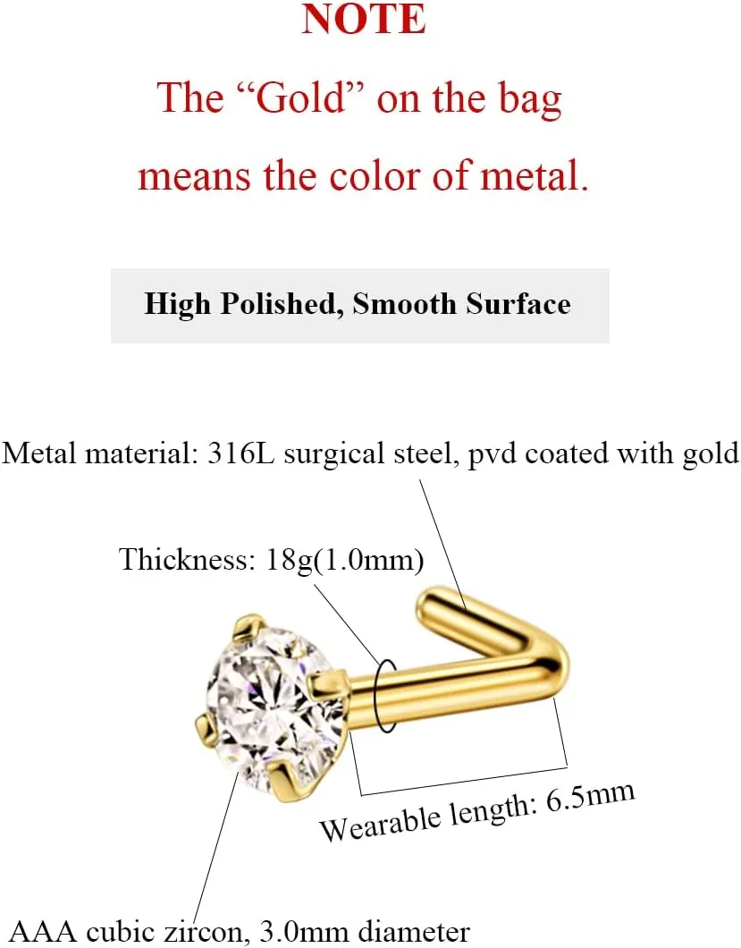 FANSING Nose Studs for Women Men L Shaped Nose Rings Surgical Steel Nostril Piercing Jewelry with Cubic Zirconia End